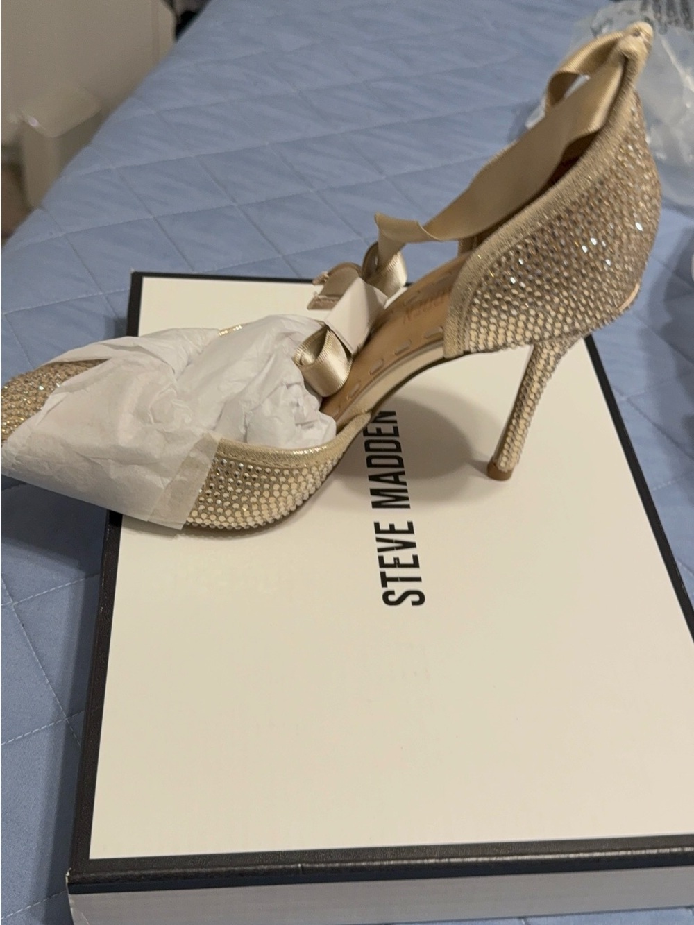 Steve Madden Gold Crystal Satin Ankle-Tie Stiletto Heels